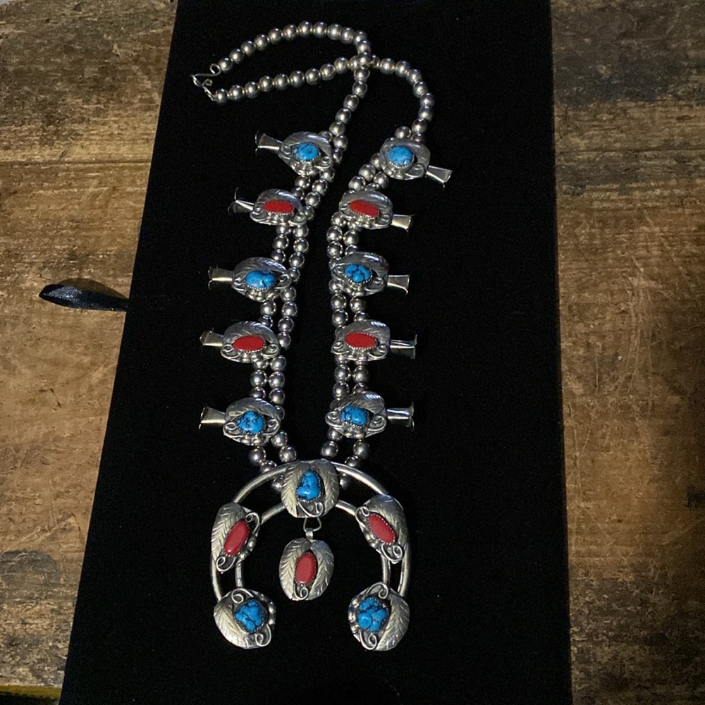 Native American Indian Squash Blossom Necklace measuring 32” long x 3 1/4” wide.